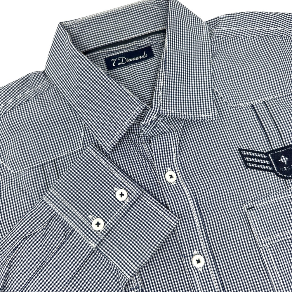 7 DIAMONDS Mens Button Up Long Sleeve Shirt Navy Check Pockets Cotton Medium